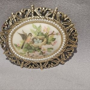 VTG Handpainted Robin Victorian Porcelain Brooch Pendant Pearl Border Rococo